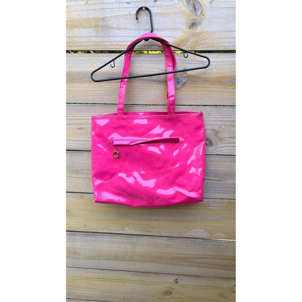 Barganza Hot Pink Patent Leather Tote Bag Y2K Barbiecore Shoulder Bag Zip Top